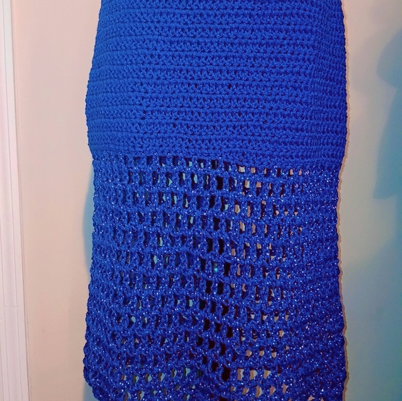 HANDMADE CROCHET ROYAL BLUE DRAWSTRING MESH BOTTOM MAXI SKIRT. - Picture 2 of 2